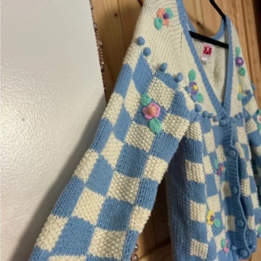Blue and Cream Checker Floral Knit Cardigan - Women
